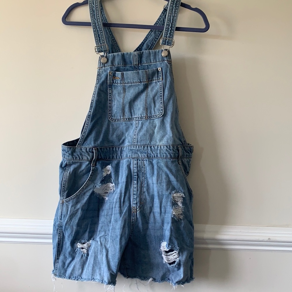 Distressed denim overall shorts